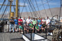 Group photograph of the Troop with two Chilean guides on the replica of the Esmeralda, which was sunk during the Pacific War in 1855.