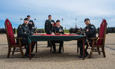 Change of Command Signing (L-R): LCol Darryn Gray, CWO Nathan Mills, CWO William King (1 CMBG Sergeant Major), Col Sean French (Comd 1 CMBG), LCol Alex Nitu.